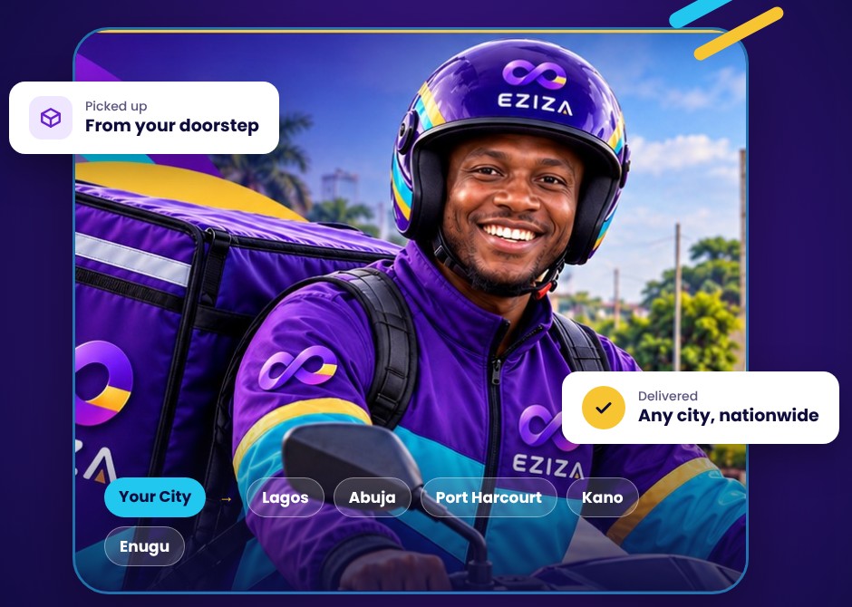 An Eziza rider delivering a package, tracked live from pickup to any city in Nigeria.